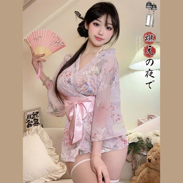 Thời trang nữ sexy Áo Ngủ Kimono Voan - Hồng